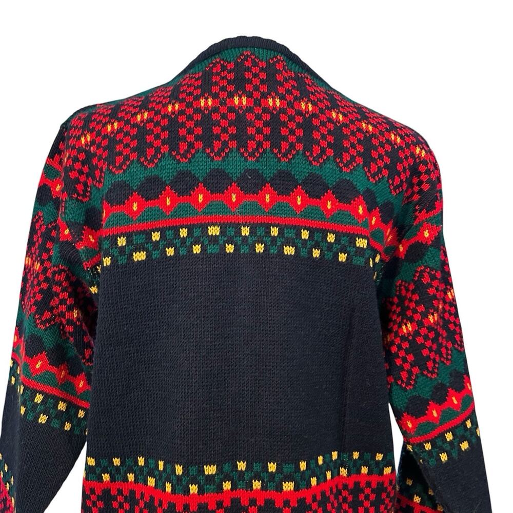 Vintage 80s Dog Fair Isle Cardigan Navy Red Gold Buttons Novelty Knit L - Picture 7 of 14